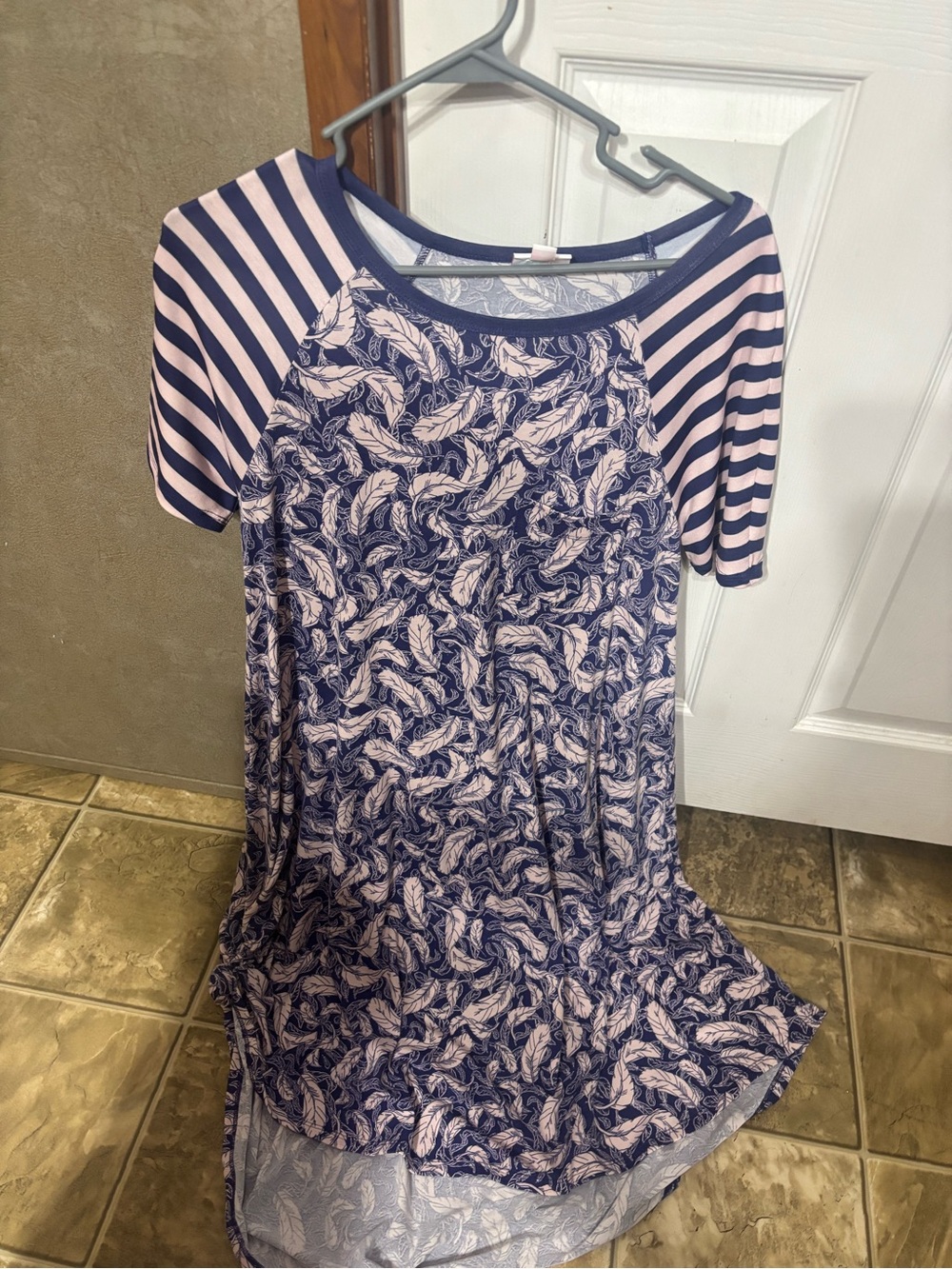 High-Low Feather Print Dress with Striped Sleeves - Navy & Light Pink